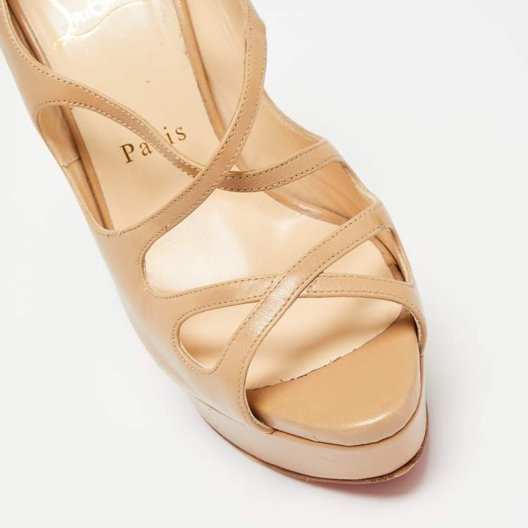 Pre Owned Christian Louboutin Beige Leather Mademoi Criss Cross Platform Open Toe Pumps Size 37