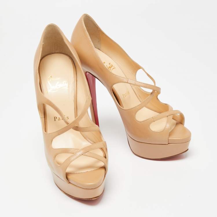 Pre Owned Christian Louboutin Beige Leather Mademoi Criss Cross Platform Open Toe Pumps Size 37