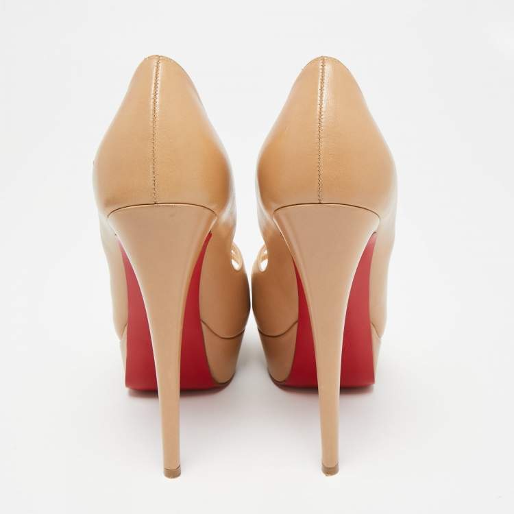 Pre Owned Christian Louboutin Beige Leather Mademoi Criss Cross Platform Open Toe Pumps Size 37