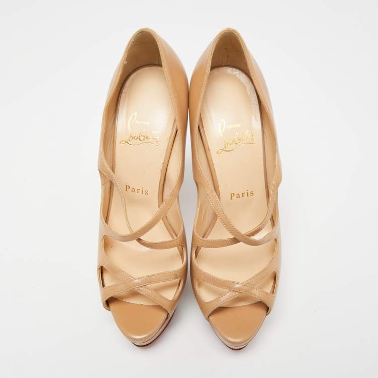 Pre Owned Christian Louboutin Beige Leather Mademoi Criss Cross Platform Open Toe Pumps Size 37