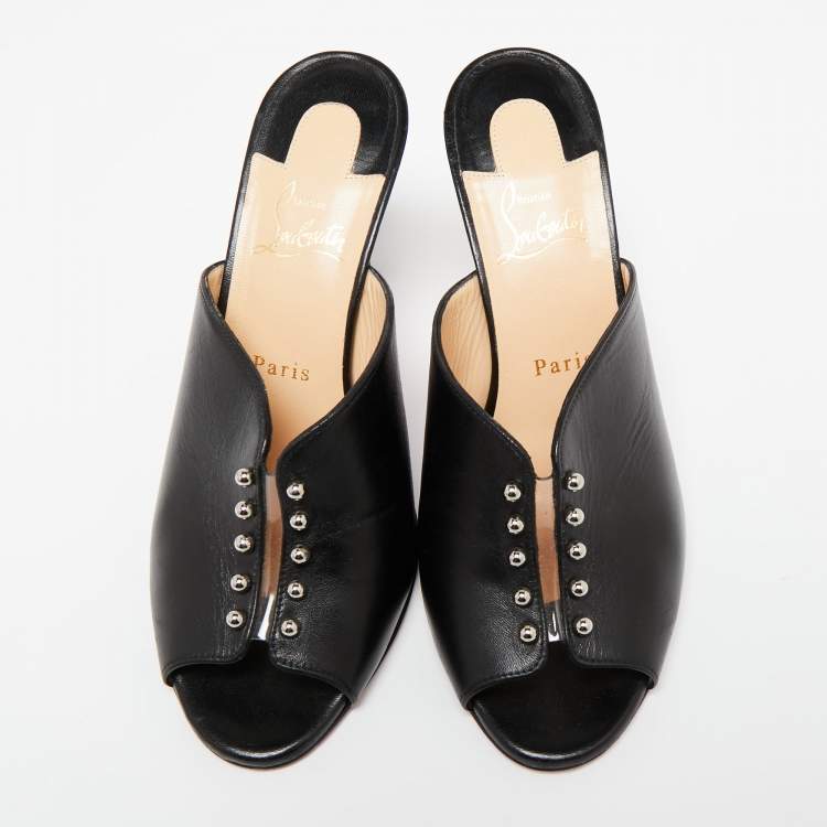Pre Owned Christian Louboutin Black Leather And PVC Mules Size 39