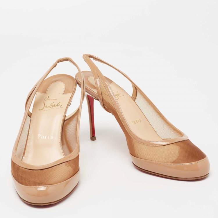 Pre Owned Christian Louboutin Beige Mesh and Patent Leather Slingback Pumps Size 38