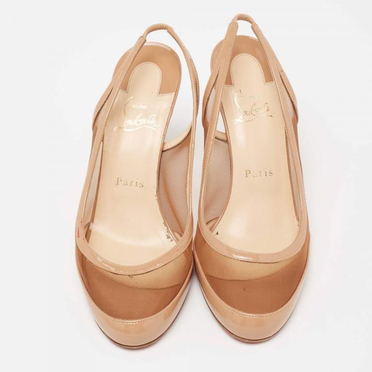Pre Owned Christian Louboutin Beige Mesh and Patent Leather Slingback Pumps Size 38