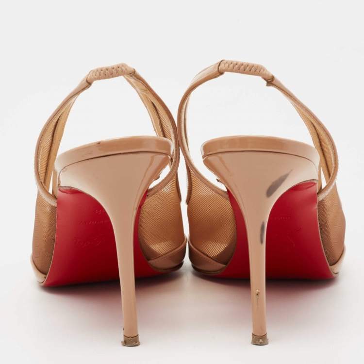 Pre Owned Christian Louboutin Beige Mesh and Patent Leather Slingback Pumps Size 38