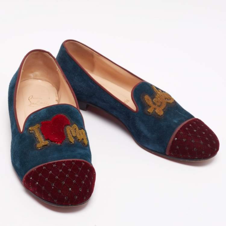 Pre Owned Christian Louboutin Tricolor Suede And Velvet I Love My Loubies Loafers Size 38.5