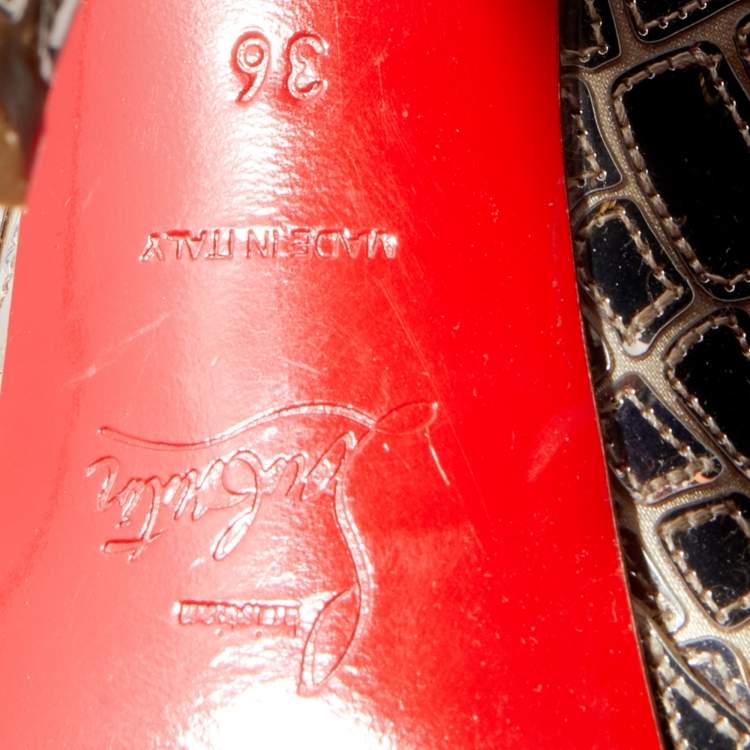 Pre Owned Christian Louboutin Silver Mirror Leather/Satin Mosaic 'Sobek' Peep Toe Platform Pumps Size 36