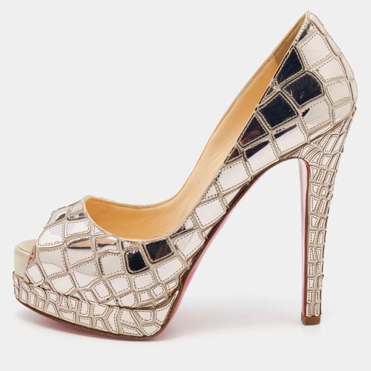 Pre Owned Christian Louboutin Silver Mirror Leather/Satin Mosaic 'Sobek' Peep Toe Platform Pumps Size 36