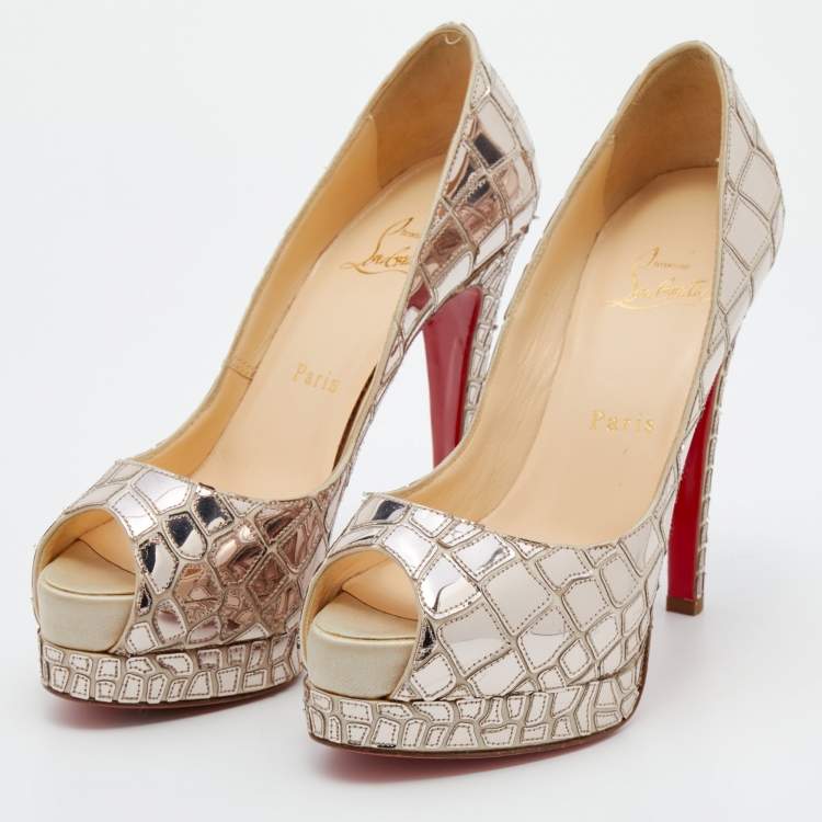 Pre Owned Christian Louboutin Silver Mirror Leather/Satin Mosaic 'Sobek' Peep Toe Platform Pumps Size 36