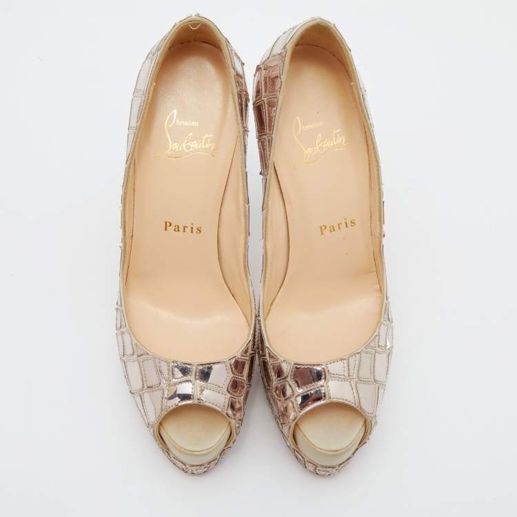 Pre Owned Christian Louboutin Silver Mirror Leather/Satin Mosaic 'Sobek' Peep Toe Platform Pumps Size 36