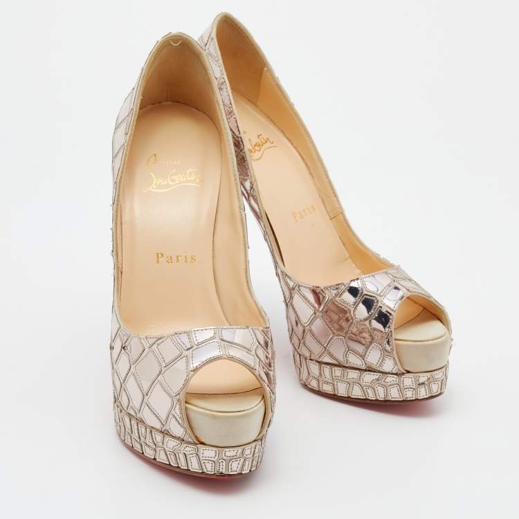 Pre Owned Christian Louboutin Silver Mirror Leather/Satin Mosaic 'Sobek' Peep Toe Platform Pumps Size 36