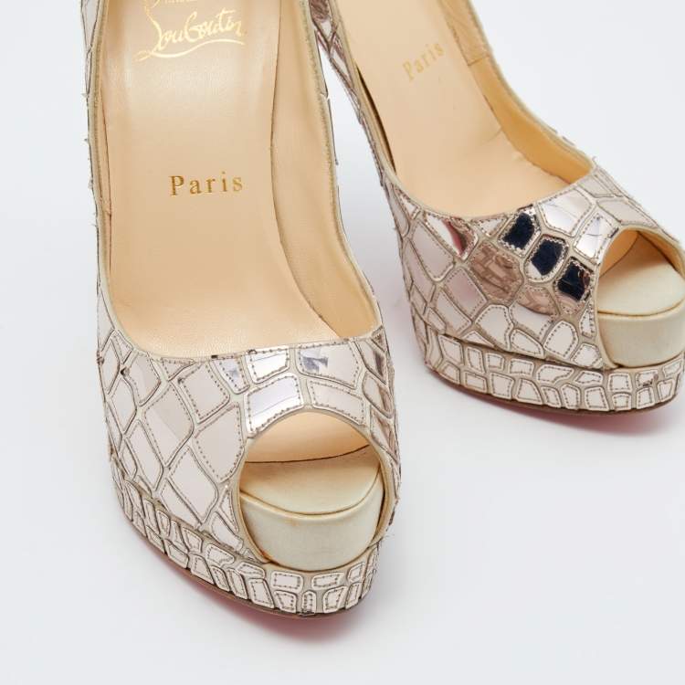 Pre Owned Christian Louboutin Silver Mirror Leather/Satin Mosaic 'Sobek' Peep Toe Platform Pumps Size 36