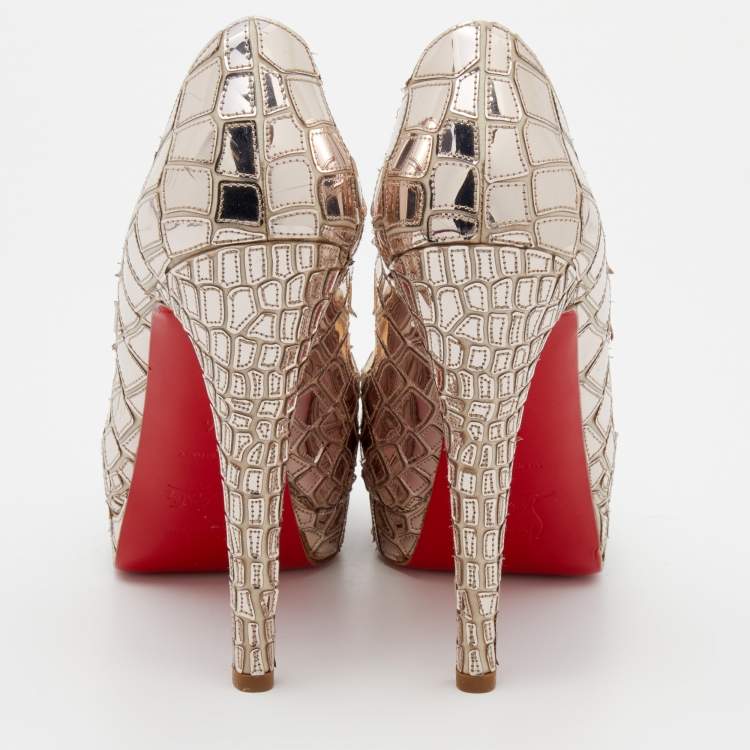 Pre Owned Christian Louboutin Silver Mirror Leather/Satin Mosaic 'Sobek' Peep Toe Platform Pumps Size 36
