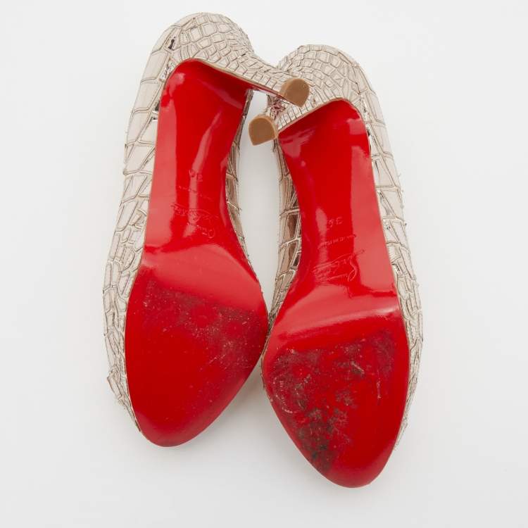 Pre Owned Christian Louboutin Silver Mirror Leather/Satin Mosaic 'Sobek' Peep Toe Platform Pumps Size 36