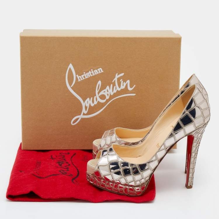Pre Owned Christian Louboutin Silver Mirror Leather/Satin Mosaic 'Sobek' Peep Toe Platform Pumps Size 36
