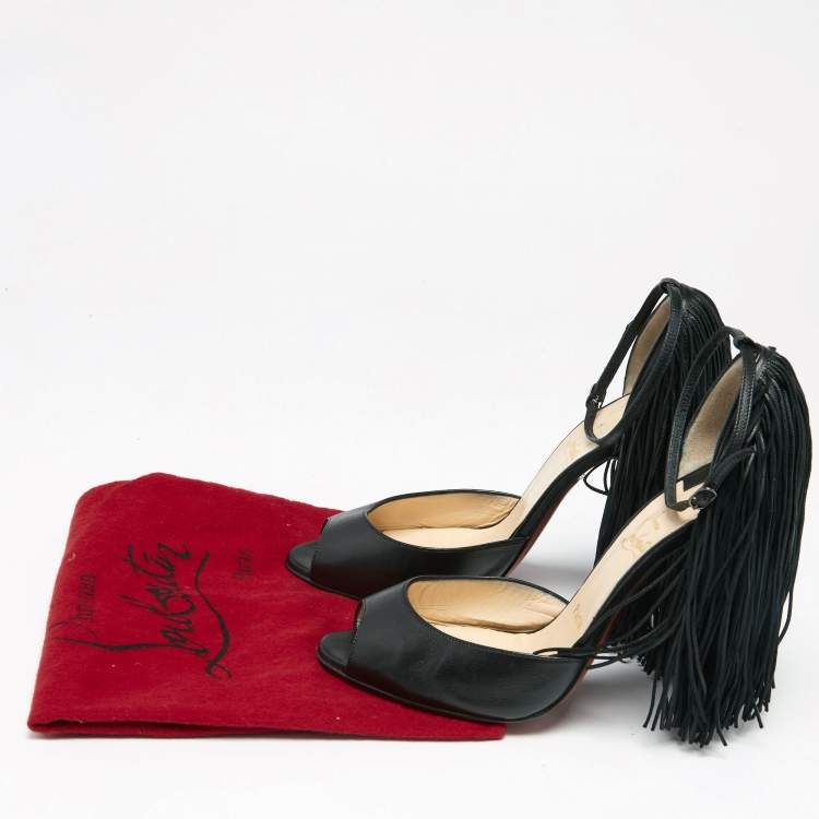 Pre Owned Christian Louboutin Black Leather Otrot Fringe Ankle-Strap Sandals Size 40 