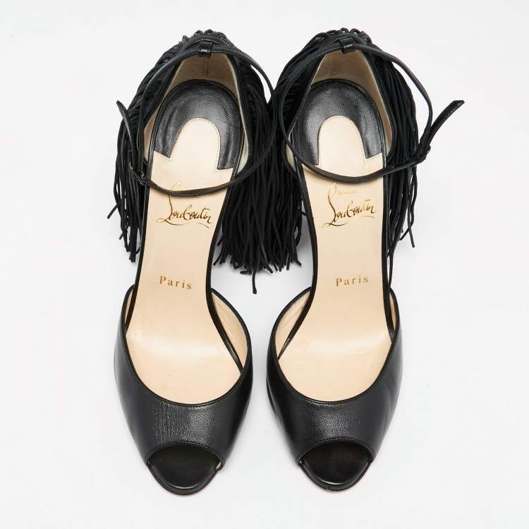 Pre Owned Christian Louboutin Black Leather Otrot Fringe Ankle-Strap Sandals Size 40 