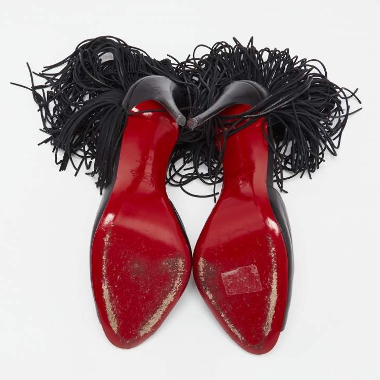 Pre Owned Christian Louboutin Black Leather Otrot Fringe Ankle-Strap Sandals Size 40 