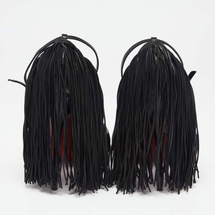 Pre Owned Christian Louboutin Black Leather Otrot Fringe Ankle-Strap Sandals Size 40 