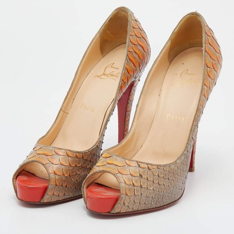 Pre Owned Christian Louboutin Beige Python Leather Altadama Peep Toe Pumps Size 39