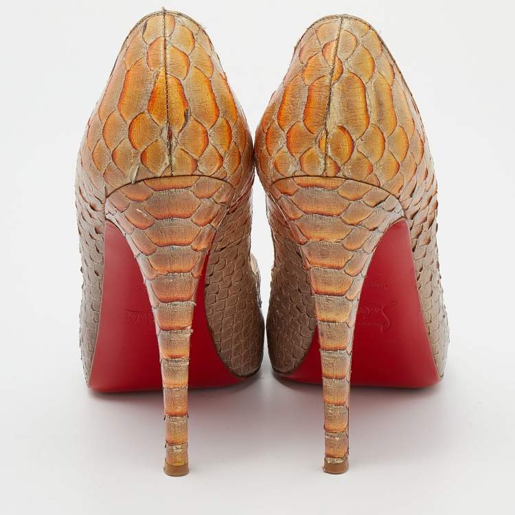 Pre Owned Christian Louboutin Beige Python Leather Altadama Peep Toe Pumps Size 39