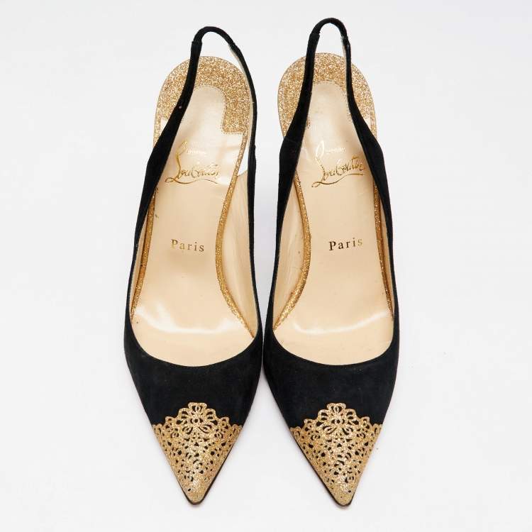 Pre Owned Christian Louboutin Black Suede and Gold Glitter Almine Pointed-Toe Slingback Pumps Size 41