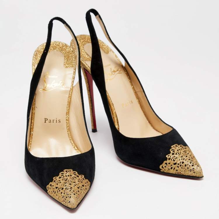 Pre Owned Christian Louboutin Black Suede and Gold Glitter Almine Pointed-Toe Slingback Pumps Size 41