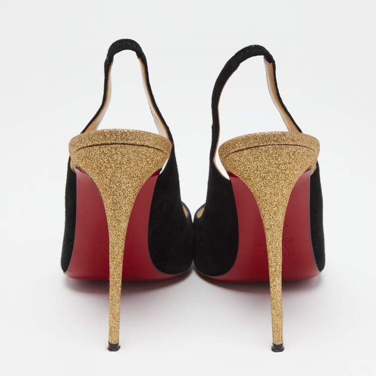 Pre Owned Christian Louboutin Black Suede and Gold Glitter Almine Pointed-Toe Slingback Pumps Size 41