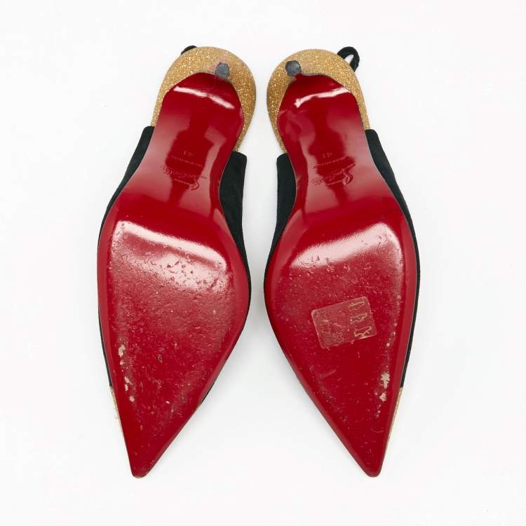 Pre Owned Christian Louboutin Black Suede and Gold Glitter Almine Pointed-Toe Slingback Pumps Size 41