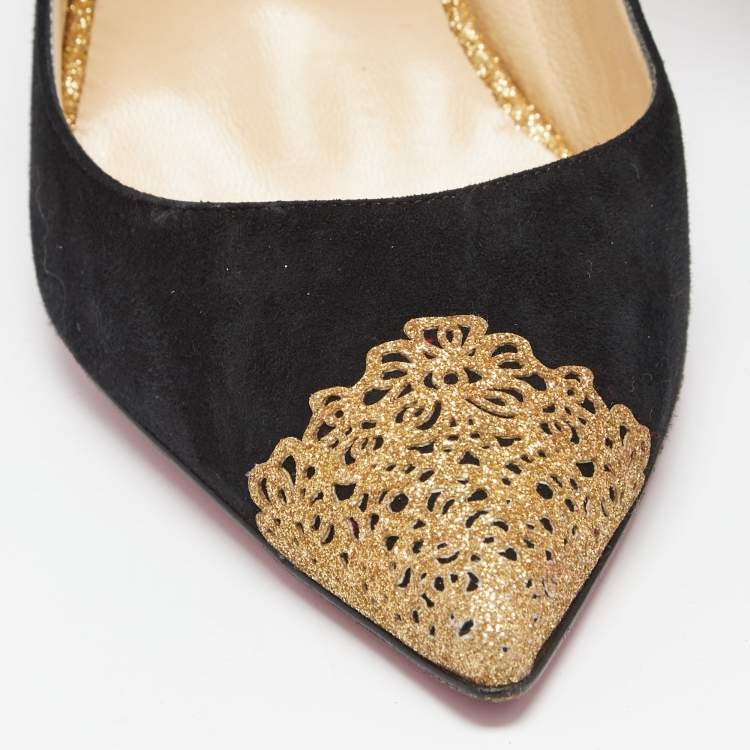 Pre Owned Christian Louboutin Black Suede and Gold Glitter Almine Pointed-Toe Slingback Pumps Size 41
