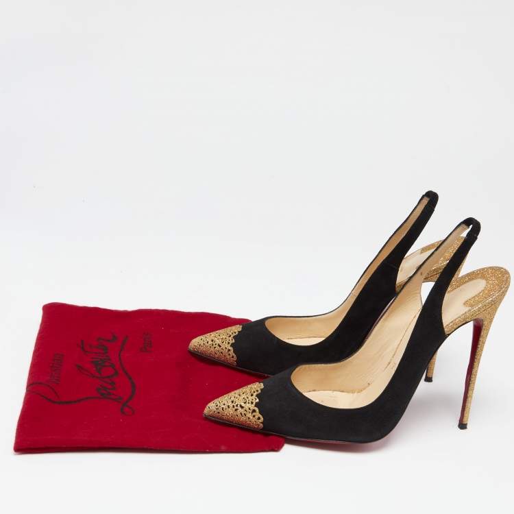 Pre Owned Christian Louboutin Black Suede and Gold Glitter Almine Pointed-Toe Slingback Pumps Size 41