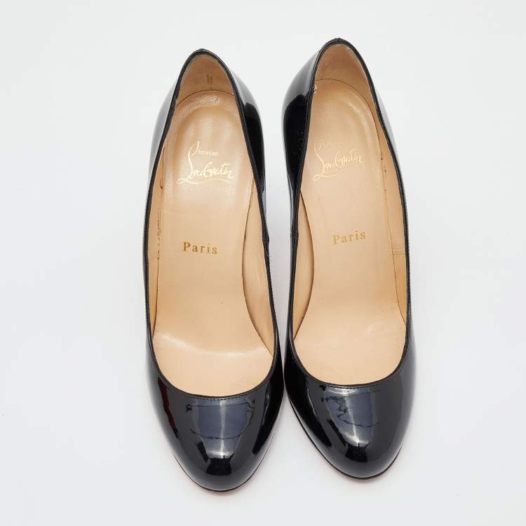 Pre Owned Christian Louboutin Black Patent Leather Simple Round Toe Pumps Size 38