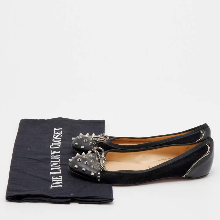 Pre Owned Christian Louboutin Black Suede and Leather Spiked Zipper Ballet Flats Size 36.5