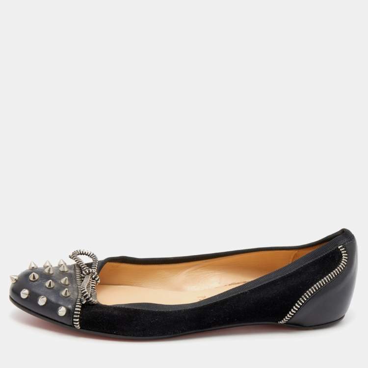 Pre Owned Christian Louboutin Black Suede and Leather Spiked Zipper Ballet Flats Size 36.5