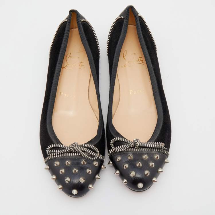 Pre Owned Christian Louboutin Black Suede and Leather Spiked Zipper Ballet Flats Size 36.5