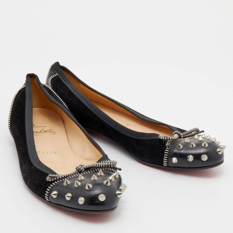 Pre Owned Christian Louboutin Black Suede and Leather Spiked Zipper Ballet Flats Size 36.5