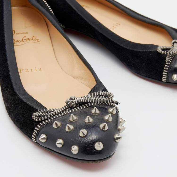 Pre Owned Christian Louboutin Black Suede and Leather Spiked Zipper Ballet Flats Size 36.5