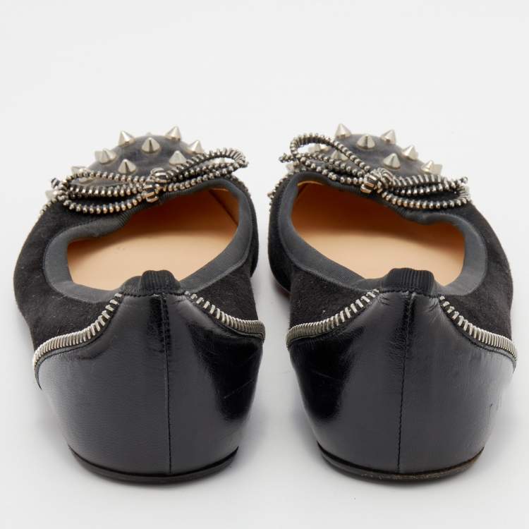 Pre Owned Christian Louboutin Black Suede and Leather Spiked Zipper Ballet Flats Size 36.5