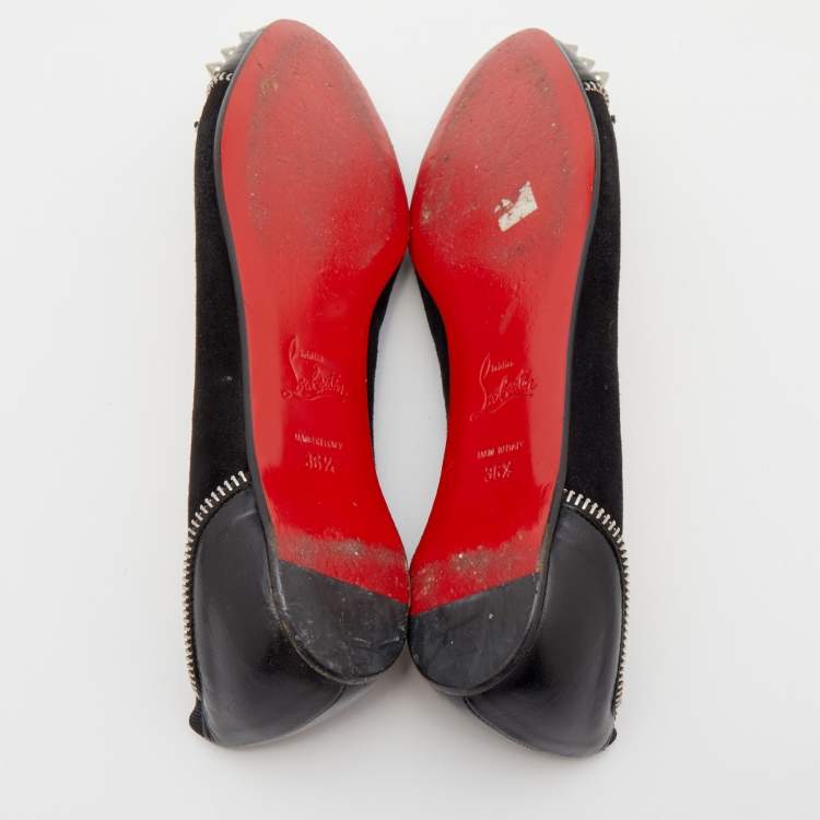 Pre Owned Christian Louboutin Black Suede and Leather Spiked Zipper Ballet Flats Size 36.5