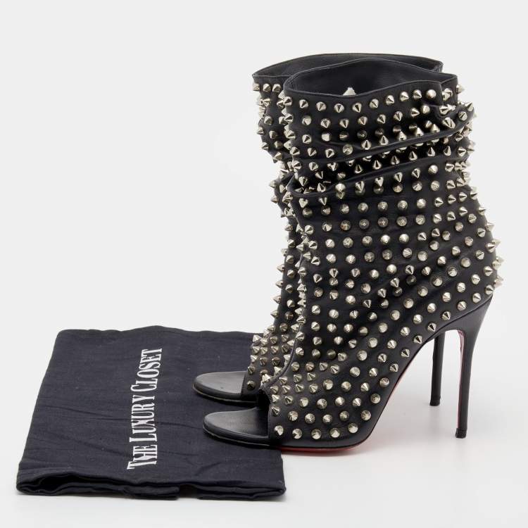 Pre Owned Christian Louboutin Black Leather Spiked Guerilla Peep Toe Slouchy Ankle Boots Size 36.5