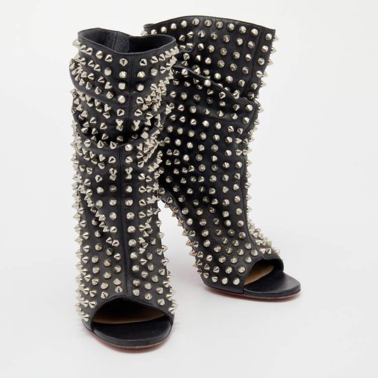 Pre Owned Christian Louboutin Black Leather Spiked Guerilla Peep Toe Slouchy Ankle Boots Size 36.5
