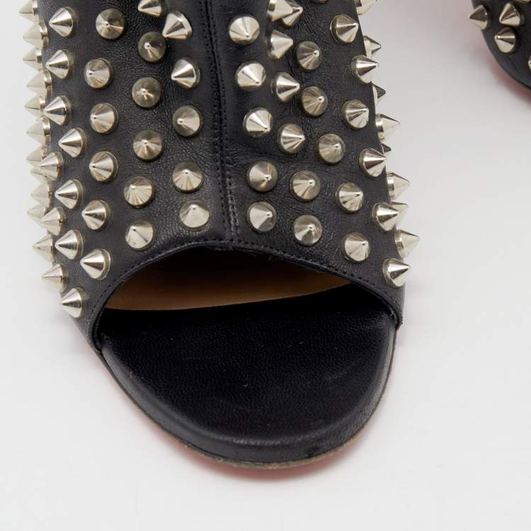 Pre Owned Christian Louboutin Black Leather Spiked Guerilla Peep Toe Slouchy Ankle Boots Size 36.5