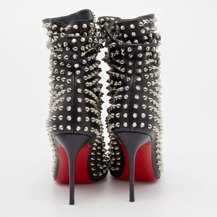 Pre Owned Christian Louboutin Black Leather Spiked Guerilla Peep Toe Slouchy Ankle Boots Size 36.5