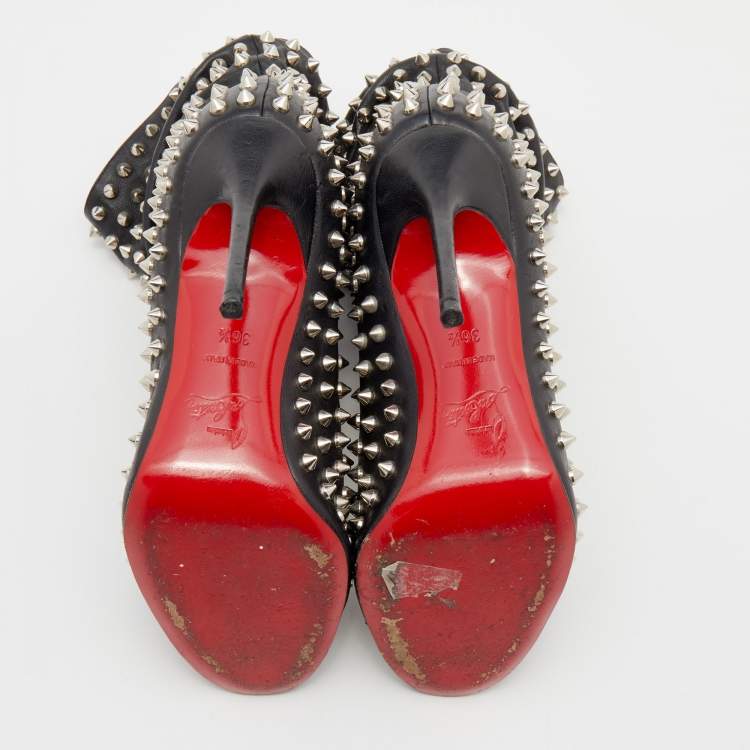 Pre Owned Christian Louboutin Black Leather Spiked Guerilla Peep Toe Slouchy Ankle Boots Size 36.5