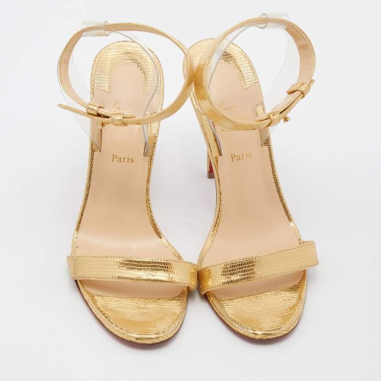 Pre Owned Christian Louboutin Gold Leather And PVC Jonatina Ankle Strap Sandals Size 36.5