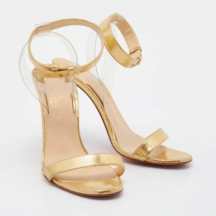 Pre Owned Christian Louboutin Gold Leather And PVC Jonatina Ankle Strap Sandals Size 36.5