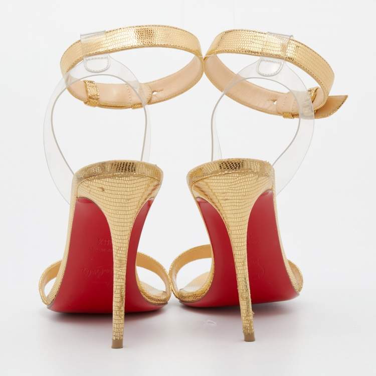 Pre Owned Christian Louboutin Gold Leather And PVC Jonatina Ankle Strap Sandals Size 36.5