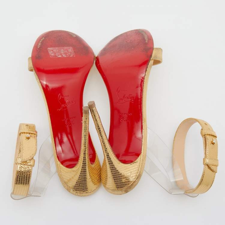 Pre Owned Christian Louboutin Gold Leather And PVC Jonatina Ankle Strap Sandals Size 36.5