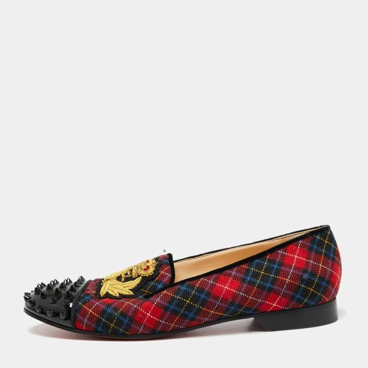 Pre Owned Christian Louboutin Multicolor Fabric and Patent Leather Spiked Intern Loafers Size 41.5