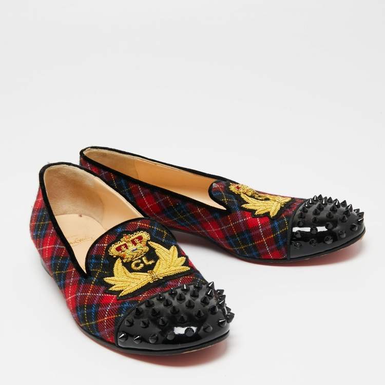 Pre Owned Christian Louboutin Multicolor Fabric and Patent Leather Spiked Intern Loafers Size 41.5