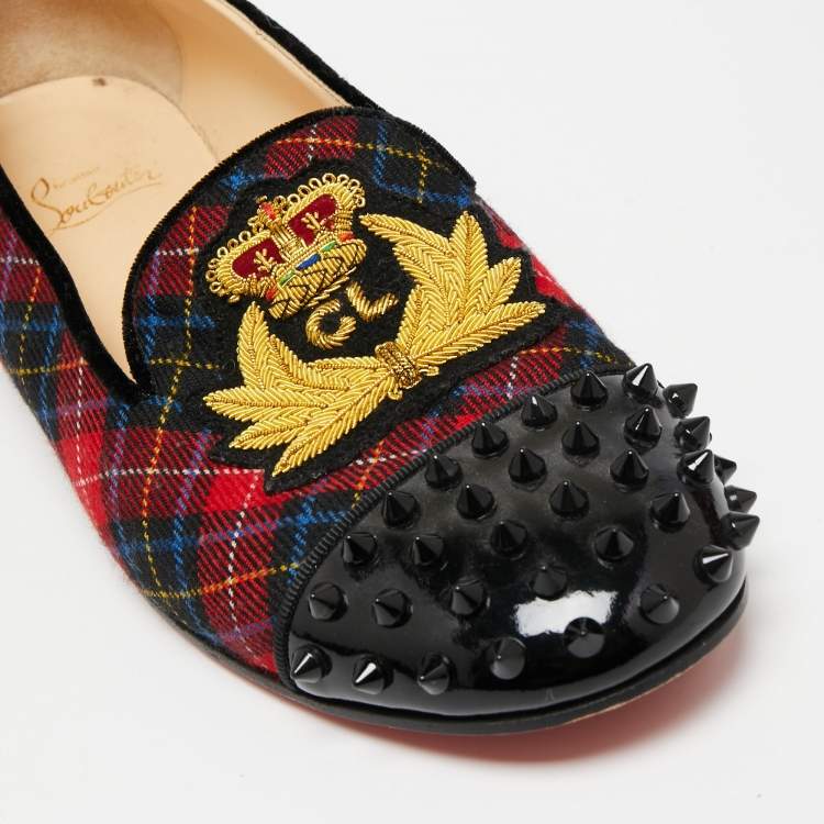 Pre Owned Christian Louboutin Multicolor Fabric and Patent Leather Spiked Intern Loafers Size 41.5